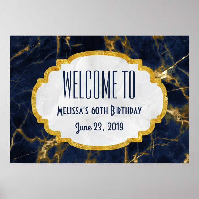 Navy Blue and Guld Marble Modern Birthday Välkomme Poster (Framsidan)