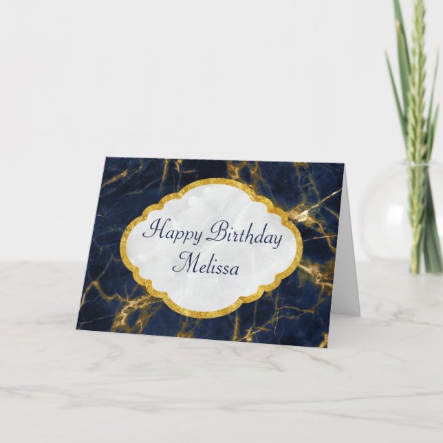 Navy Blue and Guld Marble Modern Snyggt Birday Kort (Framsida)