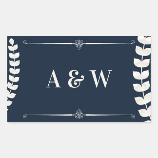 Navy Blue and Ivory Elegant Laurel Monogram Weddin Rektangulärt Klistermärke