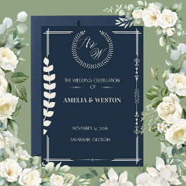 Navy Blue and Ivory Elegant Laurel Wreath Wedding Inbjudningar