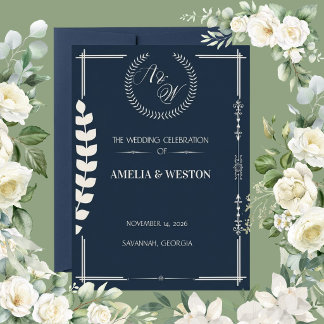Navy Blue and Ivory Elegant Laurel Wreath Wedding Inbjudningar