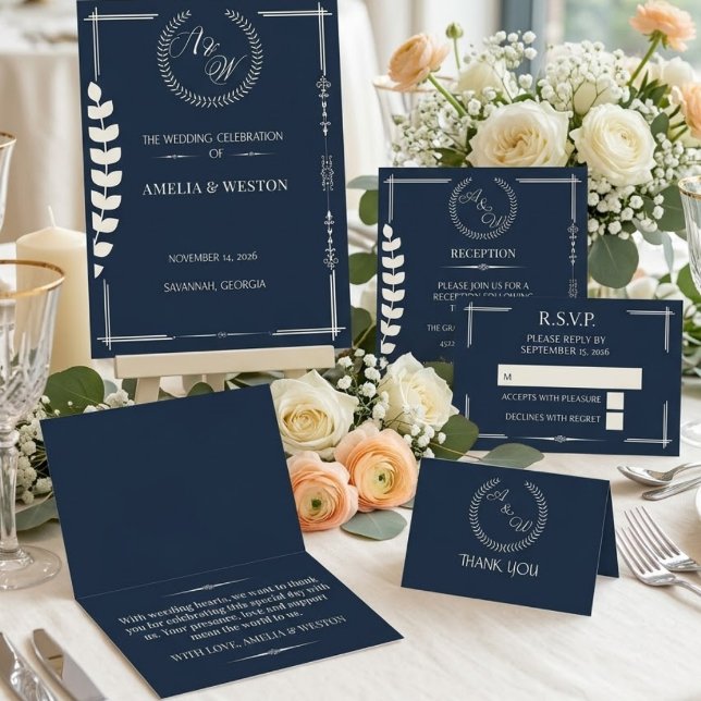Navy Blue and Ivory Elegant Monogram  Spara Datumet (Skapare uppladdad)