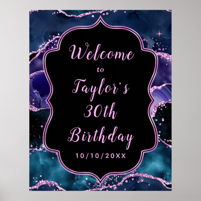 Navy Blue and Lila Ocean Agate Birthday Välkommen Poster (Framsidan)