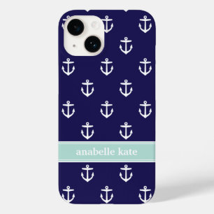 Navy Blue and Mint Cute Anchors Monogram