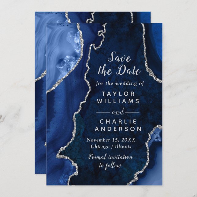 Navy Blue and Silver Agate Marble Save The Date Inbjudningar (Fram/baksida)