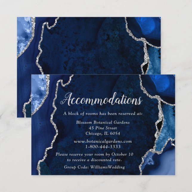 Navy Blue and Silver Agate Wedding Accommodations Tilläggskort (Fram/baksida)
