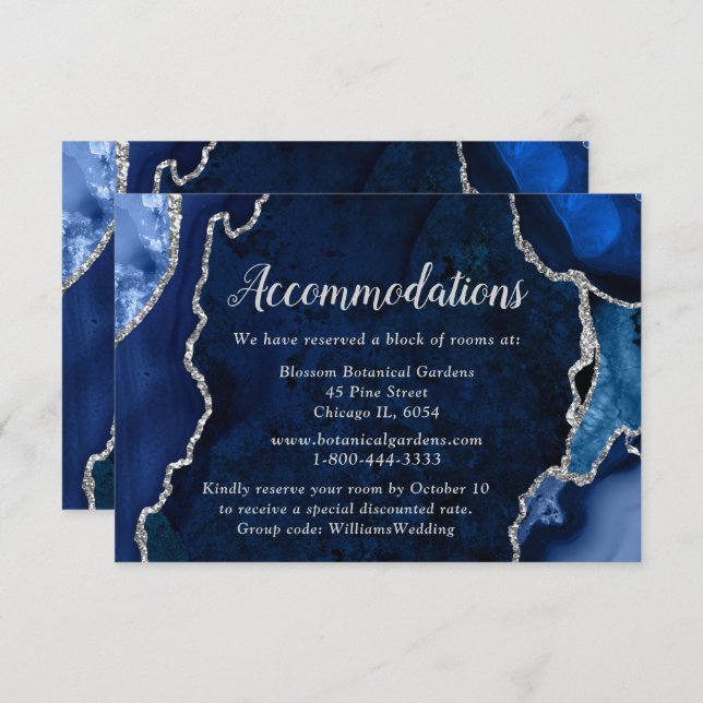 Navy Blue and Silver Agate Wedding Accommodations Tilläggskort (Fram/baksida)