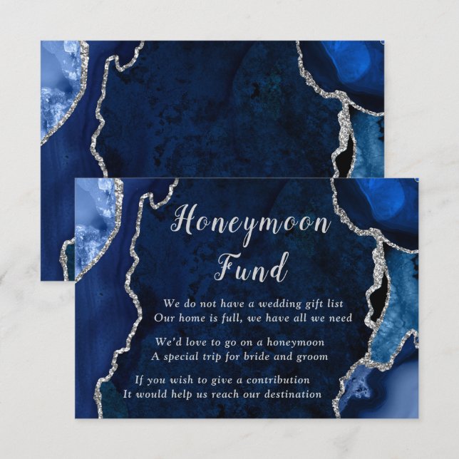 Navy Blue and Silver Agate Wedding Honeymoon Fund Tilläggskort (Fram/baksida)