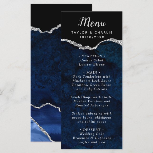 Navy Blue and Silver Agate Wedding Menu Meny (Fram/baksida)