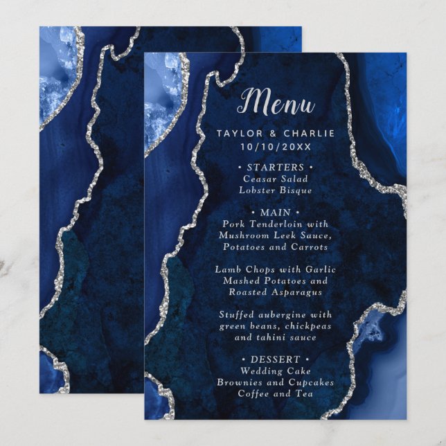 Navy Blue and Silver Agate Wedding Menu Meny (Fram/baksida)