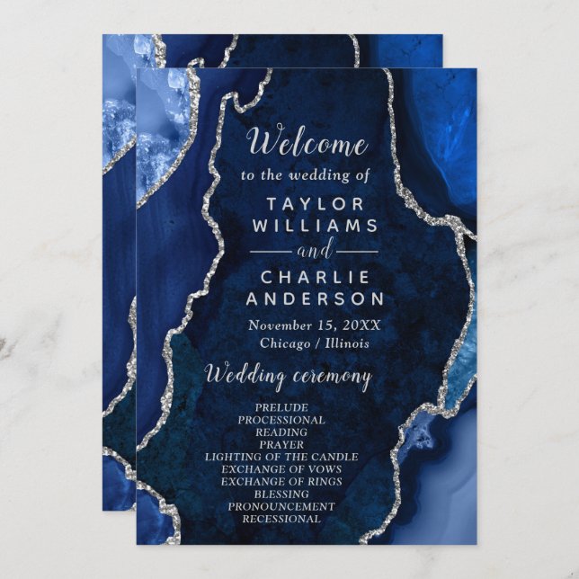 Navy Blue and Silver Agate Wedding Program (Fram/baksida)