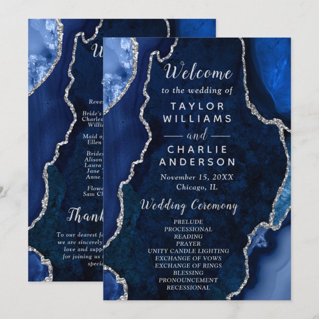Navy Blue and Silver Agate Wedding Program (Fram/baksida)
