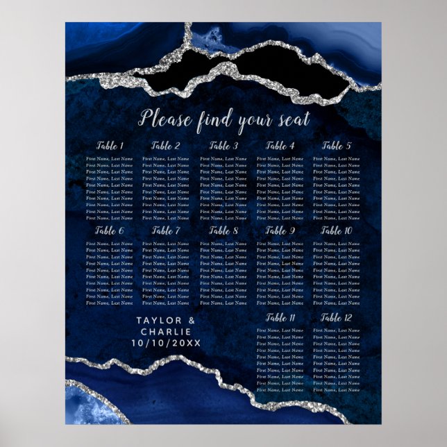 Navy Blue and Silver Agate Wedding Seating Chart Poster (Framsidan)