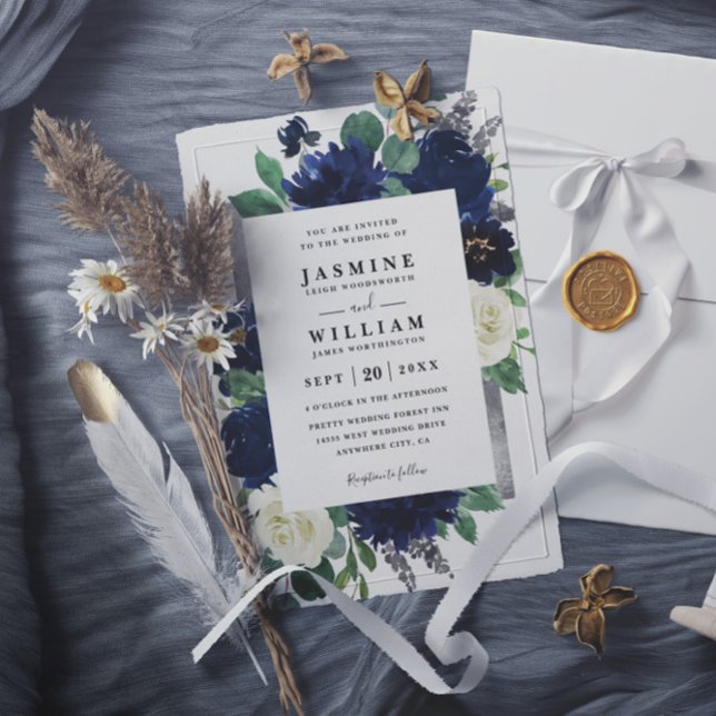 Navy Blue and Silver Floral QR Code Wedding Inbjudningar (Skapare uppladdad)