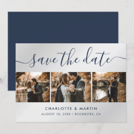 Navy Blue and Silver Modern Photo Collage Bröllop Spara Datumet