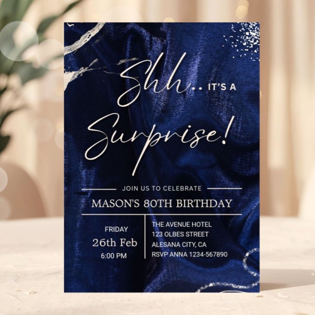 Navy Blue and Silver Surprise Party Inbjudningar (surprise birthday invitation, 80th birthday invite, navy blue gold invitation, elegant birthday invi)