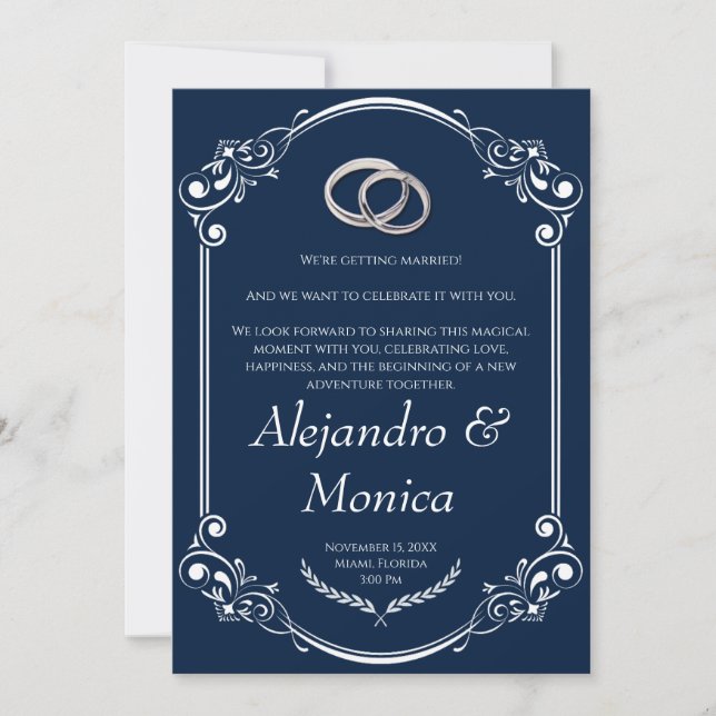 Navy Blue and Silver Wedding Ring Invitation Inbjudningar (Framsida)