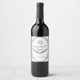 Navy Blue and Silver Wedding Ring Wine Label Vinflaska Etikett