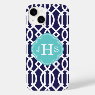 Navy Blue and Turcos Modern Trellis Monogram