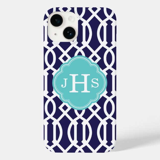 Navy Blue and Turcos Modern Trellis Monogram (Baksida)