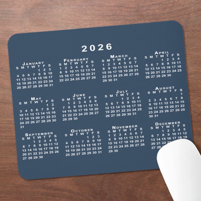Navy Blue and White 2026 Calendar Musmatta (Navy Blue and White 2026 Calendar Mouse Pad, in situ)