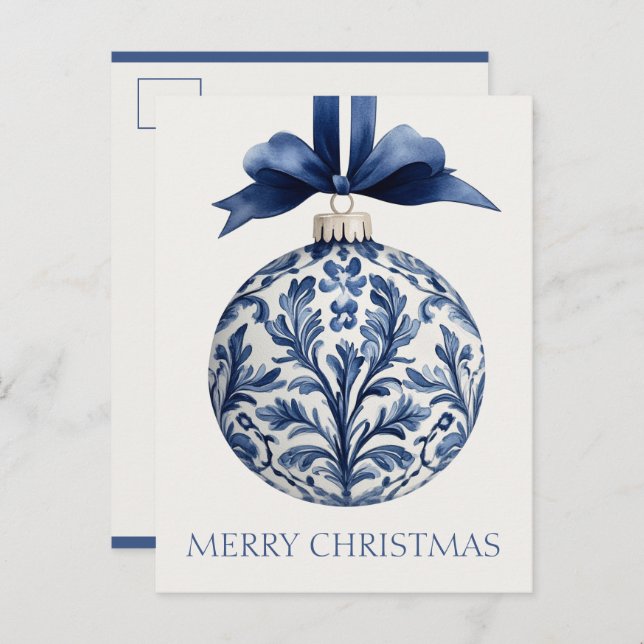 Navy Blue and White Chinoiserie Christmas Ornament Vykort (Fram/baksida)
