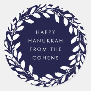 Navy Blue and White Foliage Wandan Lycklig Hanukka Runt Klistermärke