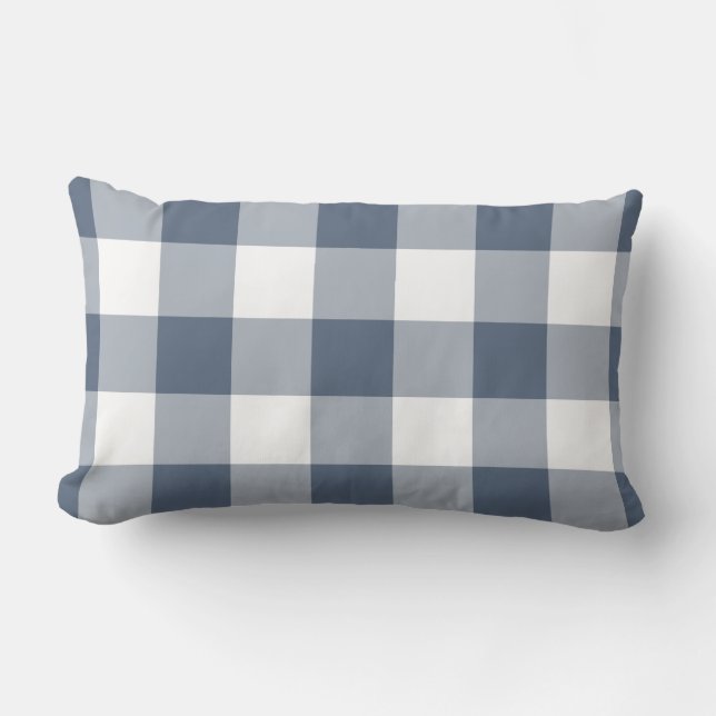 Navy Blue and White Gingham Mönster Lumbarkudde (Framsida)