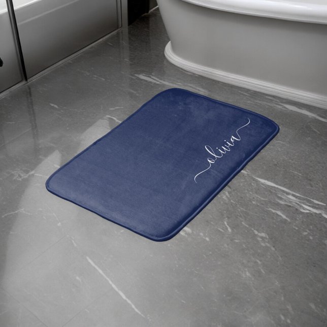 Navy Blue and White Modern Monogram Badrumsmatta (Skapare uppladdad)