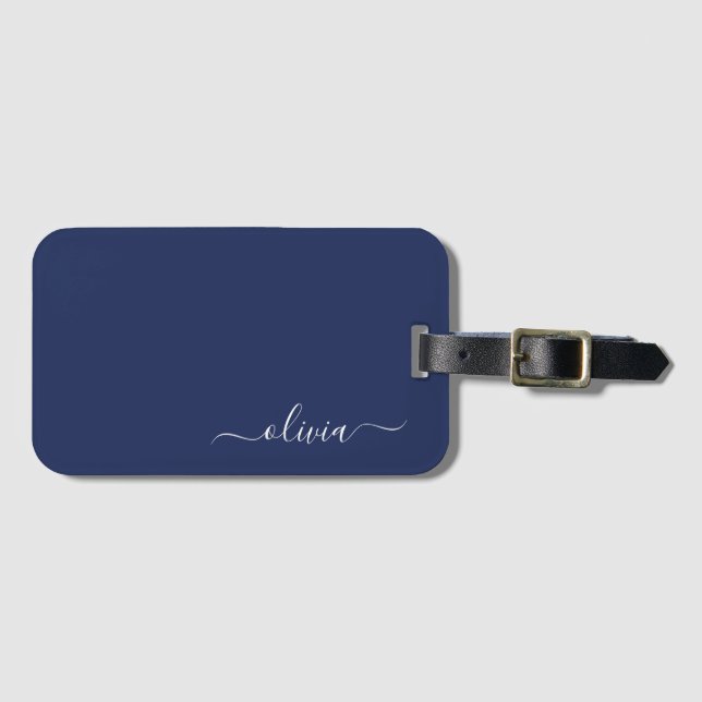 Navy Blue and White Modern Monogram Bagagebricka (Framsida horisontal)