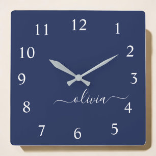 Navy Blue and White Modern Monogram Fyrkantig Klocka