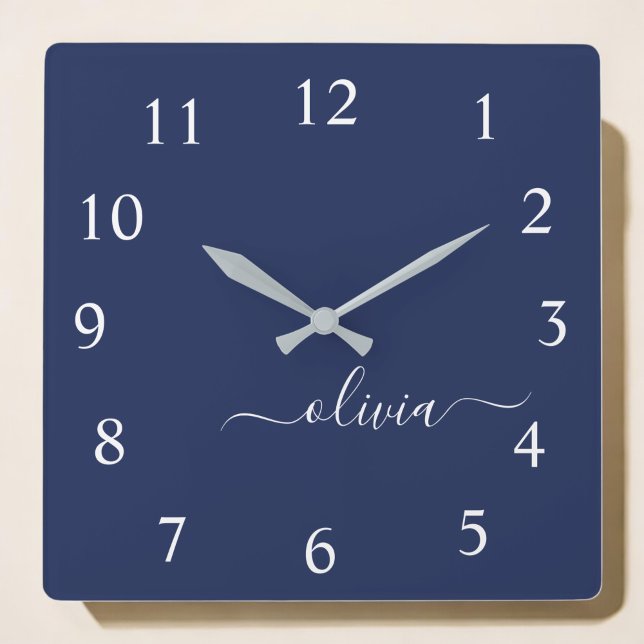 Navy Blue and White Modern Monogram Fyrkantig Klocka (Skapare uppladdad)