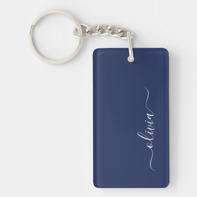 Navy Blue and White Modern Monogram Nyckelring (Framsidan)
