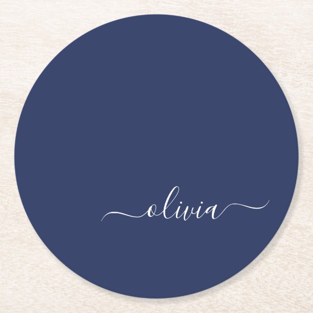 Navy Blue and White Modern Monogram Underlägg Papper Rund (Framsidan)