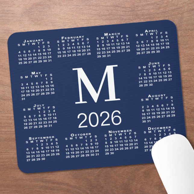 Navy Blue and White Monogram 2026 Calendar Musmatta (Navy Blue and White Monogram 2026 Calendar Mouse Pad, in situ)