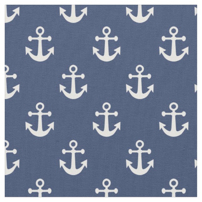 Navy Blue and White Nautical Anchors Mönster Tyg (Närbild)