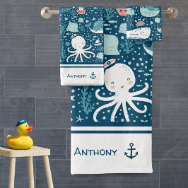 Navy Blue and White Nautical Mönster Boy Bathroom