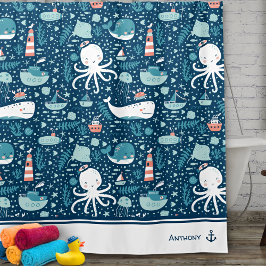 Navy Blue and White Nautical Mönster Boy Bathroom