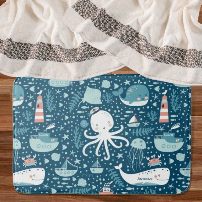 Navy Blue and White Nautical Mönster Boy Bathroom Badrumsmatta (Skapare uppladdad)
