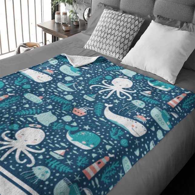 Navy Blue and White Nautical Ocean Mönster Boy Fleecefilt (Skapare uppladdad)