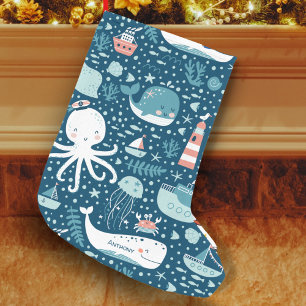 Navy Blue and White Nautical Ocean Mönster Boy Liten Julstrumpa