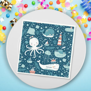 Navy Blue and White Nautical Ocean Mönster Boy Pappersservett