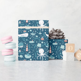 Navy Blue and White Nautical Ocean Mönster Boy Presentpapper