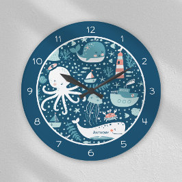 Navy Blue and White Nautical Ocean Mönster Boy Stor Klocka