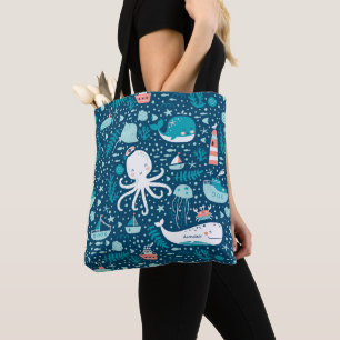 Navy Blue and White Nautical Ocean Mönster Boy Tygkasse