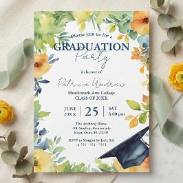 Navy Blue And Yellow Watercolor Floral Graduation  Inbjudningar