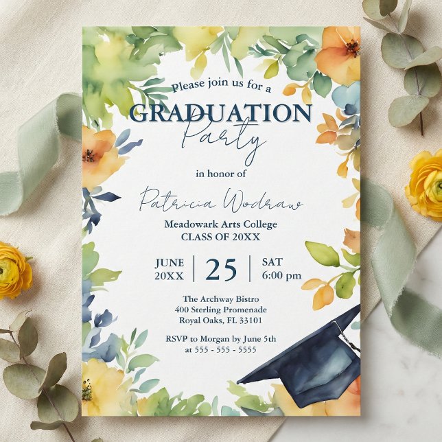 Navy Blue And Yellow Watercolor Floral Graduation  Inbjudningar (Skapare uppladdad)