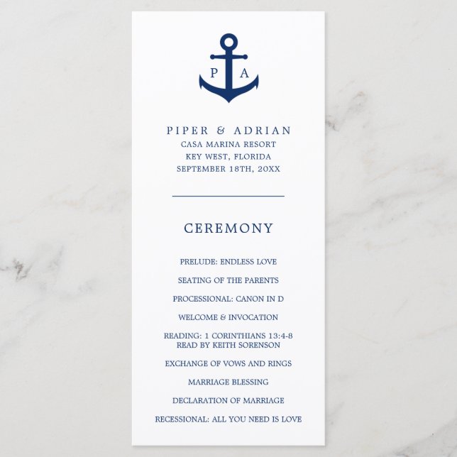 Navy Blue Ankar Monogram Marin Bröllop Program (Framsida)