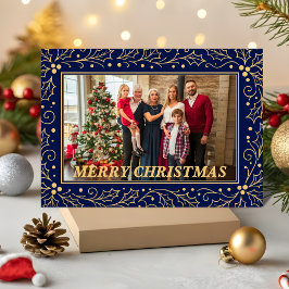 Navy Blue & Antique-Gold Family Christmas Photo Julkort