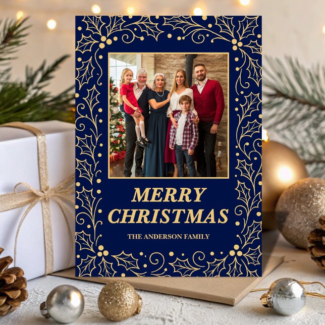 Navy Blue & Antique-Gold Family Photo Christmas Julkort (Skapare uppladdad)